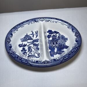 Churchill of England Blue Willow Divided Oval Vegetable Serving Dish Bowl EUC